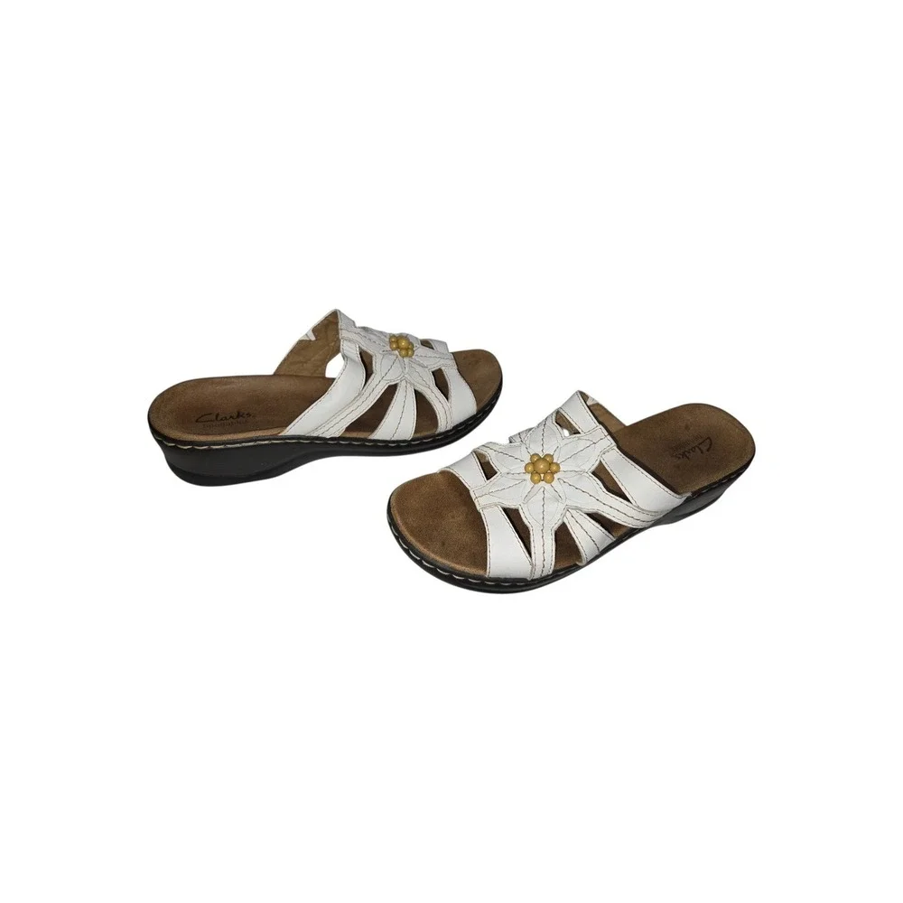 Clarks Lexi Myrtle White Leather Floral Slide Wedge Sandals 65117 Womens 10M